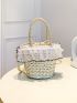 Faux Pearl Decor Ruffle Trim Drawstring Design Straw Bag