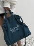 Corduroy Letter Embroidery Shopper Bag