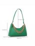 Neon-Green Crocodile Embossed Chain Decor Baguette Bag