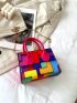 Mini Geometric Print Colorblock Square Bag With Bag Charm