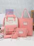 5pcs Colorblock Letter Patch Decor Functional Backpack Set