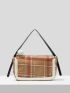 Plaid Pom Pom Decor Flap Square Bag