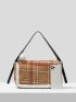 Plaid Pom Pom Decor Flap Square Bag