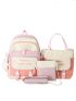 4pcs Color Block Letter Graphic Functional Backpack Set With Bag Charm