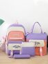 4pcs Colorblock Letter Patch Decor Functional Backpack Set With Bag Charm