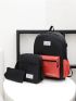 3pcs Colorblock Letter Patch Decor Functional Backpack Set