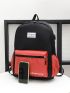 3pcs Colorblock Letter Patch Decor Functional Backpack Set