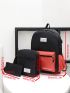 3pcs Colorblock Letter Patch Decor Functional Backpack Set