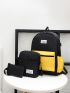 3pcs Colorblock Letter Patch Decor Functional Backpack Set