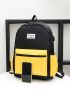 3pcs Colorblock Letter Patch Decor Functional Backpack Set