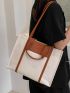 Two Tone Letter Embossed Canvas Shoulder Tote Bag