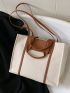 Two Tone Letter Embossed Canvas Shoulder Tote Bag