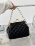 Mini Quilted Faux Pearl Decor Kiss Lock Chain Crossbody Bag