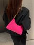 Neon-pink Snakeskin Embossed Chain Baguette Bag