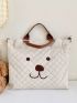 Bear Embroidered Top Handle Bag Quilted Large Capacity For Daily Life