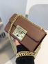 Litchi Embossed Push Lock Flap Chain Baguette Bag