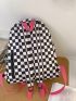Checkered Print Slogan Patch Decor Functional Backpack