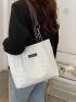 Letter Patch & Chain Decor Textured Shoulder Tote Bag