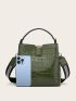 Crocodile Embossed Top Handle Bucket Bag