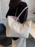 Geometric Pattern Contrast Binding Shoulder Tote Bag, Large Capacity Tote Bag For Work And Travel