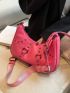 Neon-Pink Ring & Studded Decor Hobo Bag