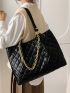 Letter Patch & Chain Decor Geometric Quilted Shoulder Tote Bag