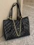 Letter Patch & Chain Decor Geometric Quilted Shoulder Tote Bag