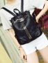 Studded Decor Litchi Embossed Functional Backpack