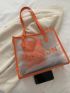 Neon Orange Letter Print Shoulder Tote Bag With Inner Pouch