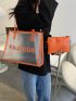 Neon Orange Letter Print Shoulder Tote Bag With Inner Pouch