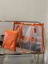 Neon Orange Letter Print Shoulder Tote Bag With Inner Pouch