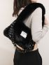 Chain & Letter Patch Decor Fuzzy Shoulder Bag