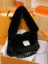 Chain & Letter Patch Decor Fuzzy Shoulder Bag