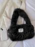 Chain & Letter Patch Decor Fuzzy Shoulder Bag