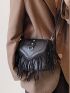 Mini Litchi Embossed Fringe Trim Flap Square Bag