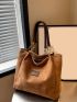 Fashion Suede Shoulder Bag, Letter Patch Detail Decor Handbag, Women's Large Capacity Purse