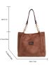 Fashion Suede Shoulder Bag, Letter Patch Detail Decor Handbag, Women's Large Capacity Purse