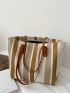 Simple Striped Pattern Shoulder Bag, Women's Fashion Large Capacity Tote Bag, Casual Zipper Shopping Bag