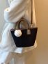 Contrast Binding Corduroy Square Bag With Pompom Charm