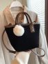 Contrast Binding Corduroy Square Bag With Pompom Charm