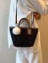 Contrast Binding Corduroy Square Bag With Pompom Charm