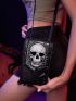 Goth Mini Skull Embroidery Design Studded Decor Square Bag