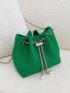 Mini Litchi Embossed Faux Pearl Decor Drawstring Design Chain Bucket Bag