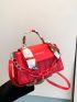 Neon Red Letter Detail Chain & Twilly Scarf Decor Flap Square Bag