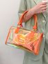 Holographic Neon-orange Letter Patch Decor Transparent Boston Bag With Inner Pouch