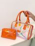 Holographic Neon-orange Letter Patch Decor Transparent Boston Bag With Inner Pouch