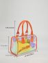 Holographic Neon-orange Letter Patch Decor Transparent Boston Bag With Inner Pouch