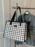 Plaid Pattern Slogan Patch Decor Tweed Shoulder Tote Bag