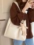 Minimalist Shoulder Tote Bag With Cartoon Bear Bag Charm