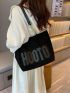 Letter Patch Decor Faux Suede Shoulder Tote Bag